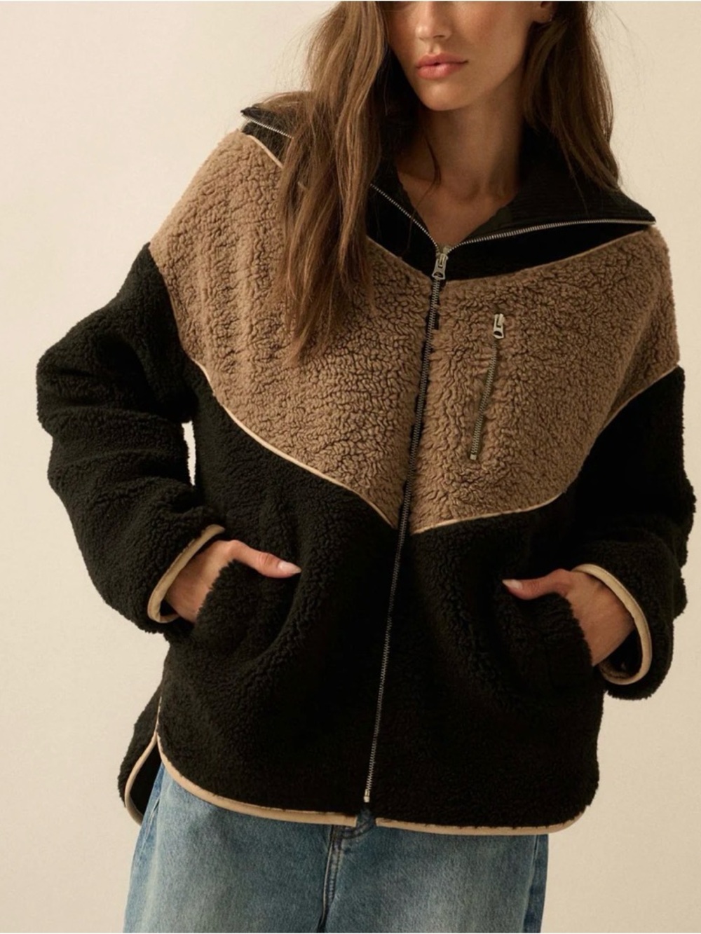 Promesa chevron colorblock fleece teddy fur Jacket in Black & Brown size L